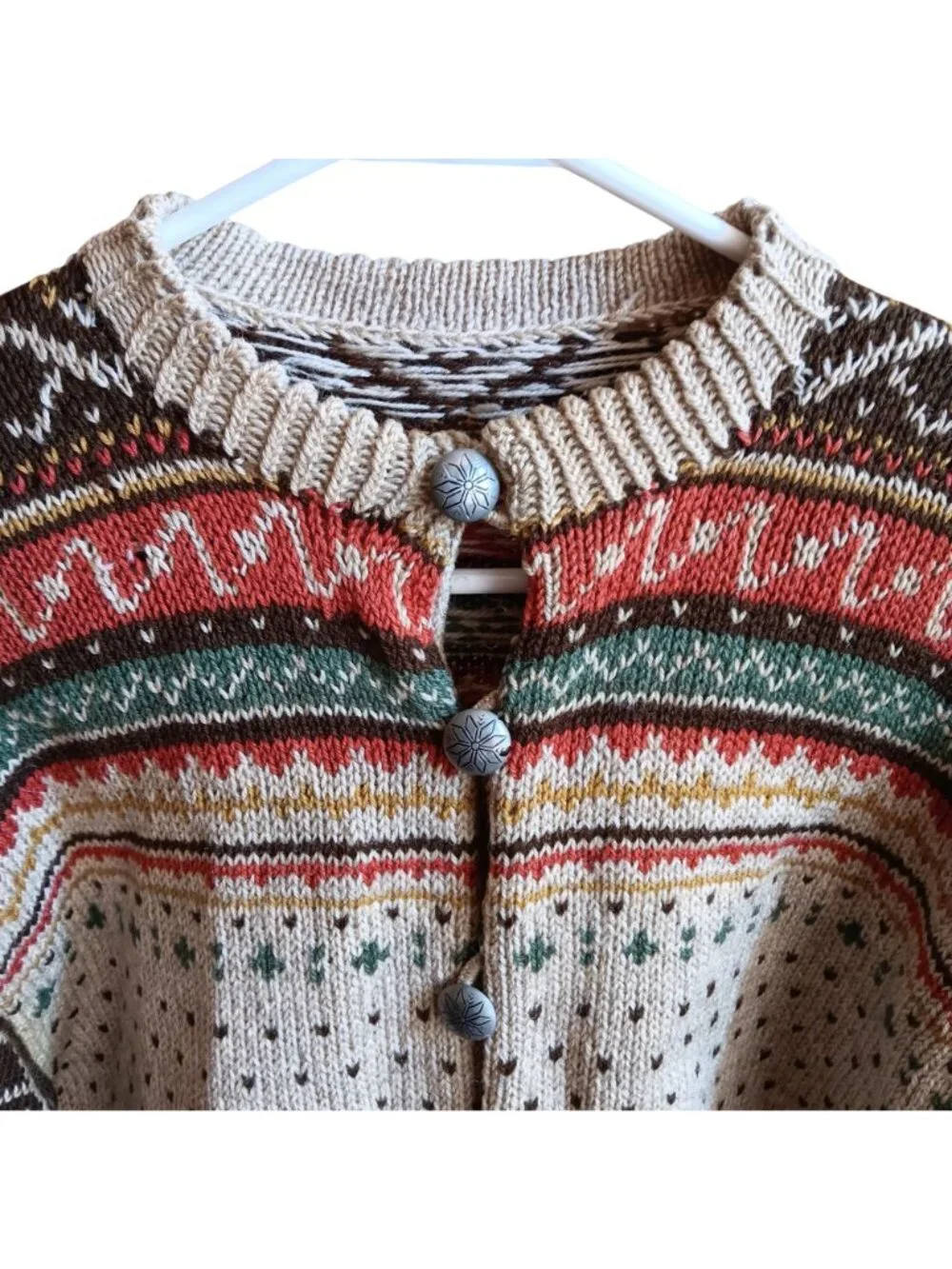 Vintage Medium Cardigan Sweater 1950's Nordic Fair Isle Wool Norwegian Knit